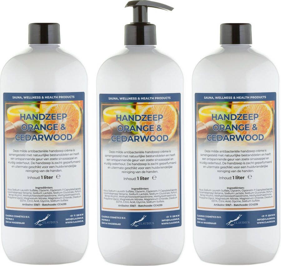 Claudius Cosmetics Benelux B.V. Handzeep Sweet Orange & Cedarwood 1 liter set van 3 stuks met gratis pomp