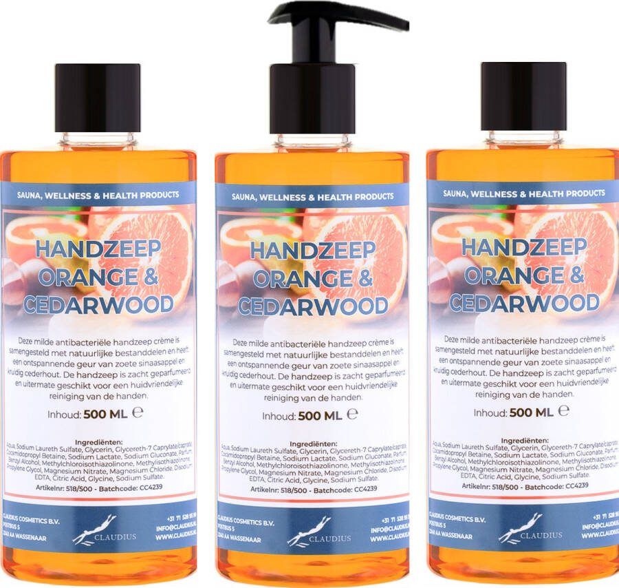 Claudius Cosmetics Benelux B.V. Handzeep Sweet Orange & Cedarwood 500 ml met gratis pomp set van 3 stuks