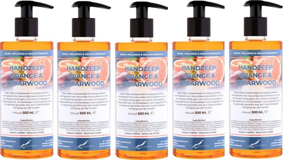 Claudius Cosmetics Benelux B.V. Handzeep Sweet Orange & Cedarwood 500 ml met gratis pomp set van 5 stuks