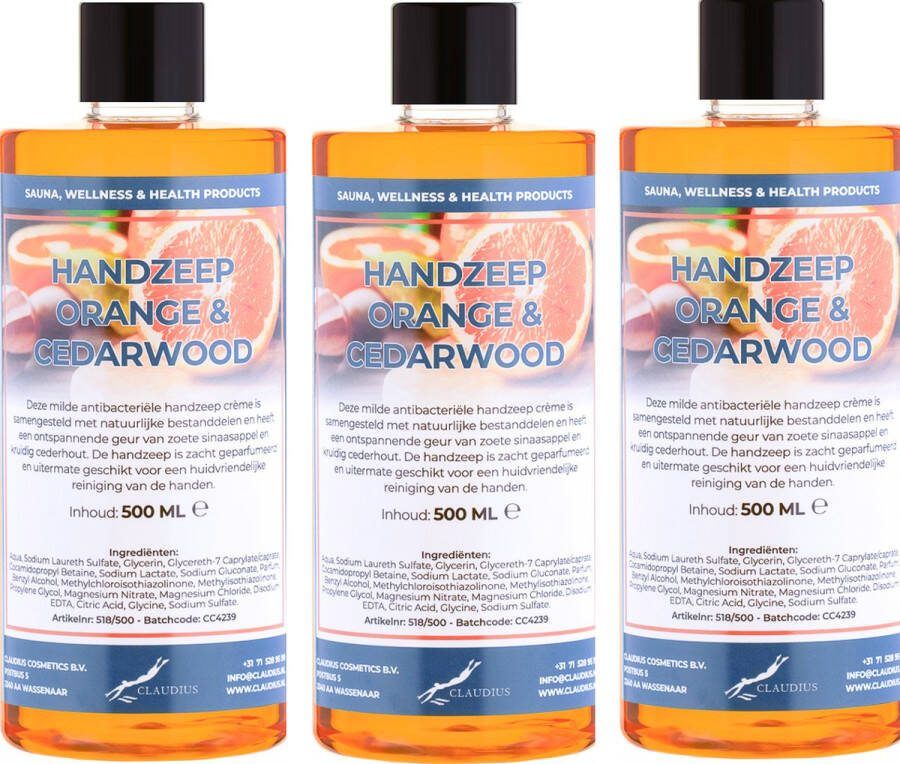 Claudius Cosmetics Benelux B.V. Handzeep Sweet Orange & Cedarwood 500 ml set van 3 stuks