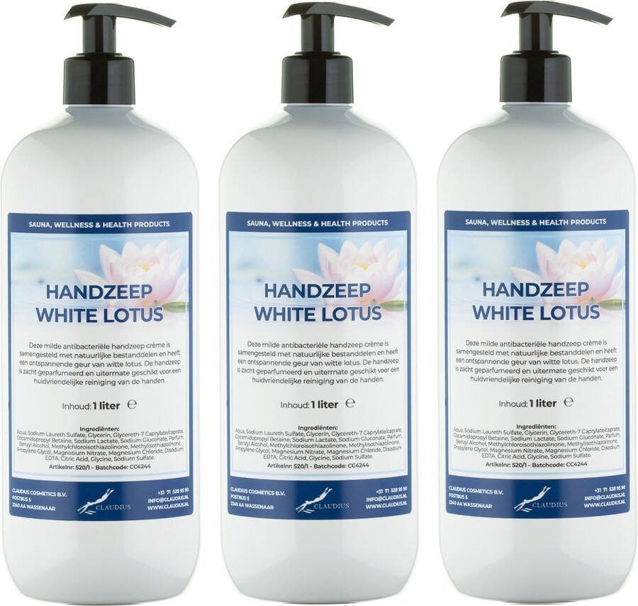 Claudius Cosmetics Benelux B.V. Handzeep White Lotus 1 liter set van 3 stuks met 3 pompeh
