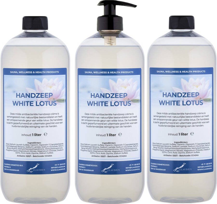 Claudius Cosmetics Benelux B.V. Handzeep White Lotus 1 liter set van 3 stuks met gratis pomp