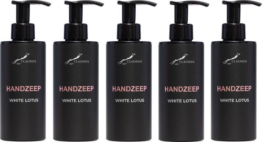 Claudius Cosmetics Benelux B.V. Handzeep White Lotus 300 ml met pomp zwarte fles set van 5 stuks Voordeelverpakking