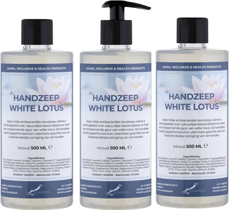 Claudius Cosmetics Benelux B.V. Handzeep White Lotus 500 ml met 1 gratis pomp set van 3 stuks