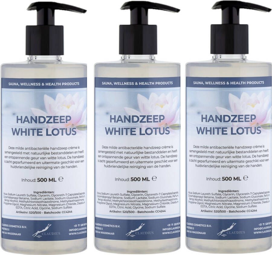 Claudius Cosmetics Benelux B.V. Handzeep White Lotus 500 ml met gratis pomp set van 3 stuks
