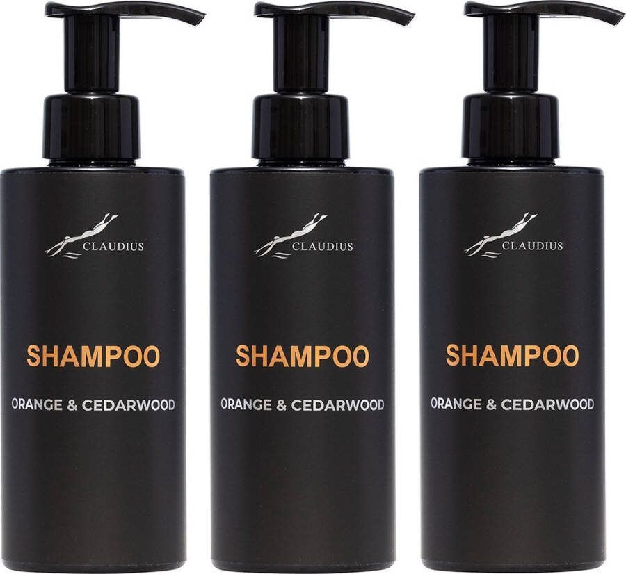 Claudius Cosmetics Benelux B.V. Shampoo Sweet Orange & Cedarwood 300 ml met pomp zwarte fles set van 3 stuks Voordeelverpakking
