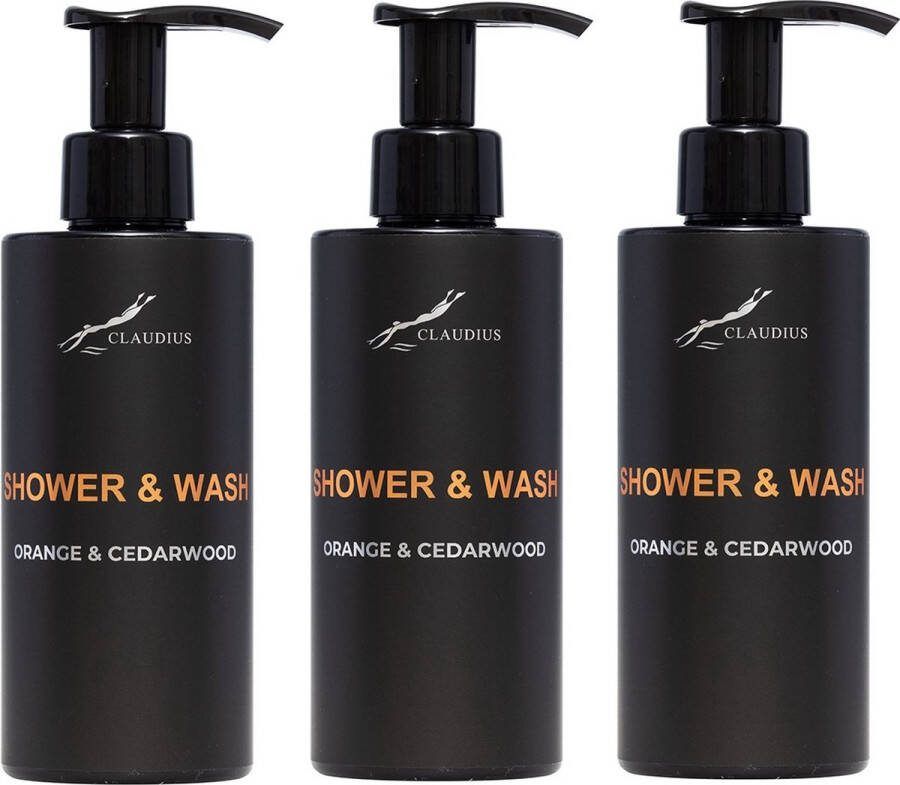 Claudius Cosmetics Benelux B.V. Shower & Wash Sweet Orange & Cedarwood 300 ml met pomp zwarte fles set van 3 stuks Voordeelverpakking