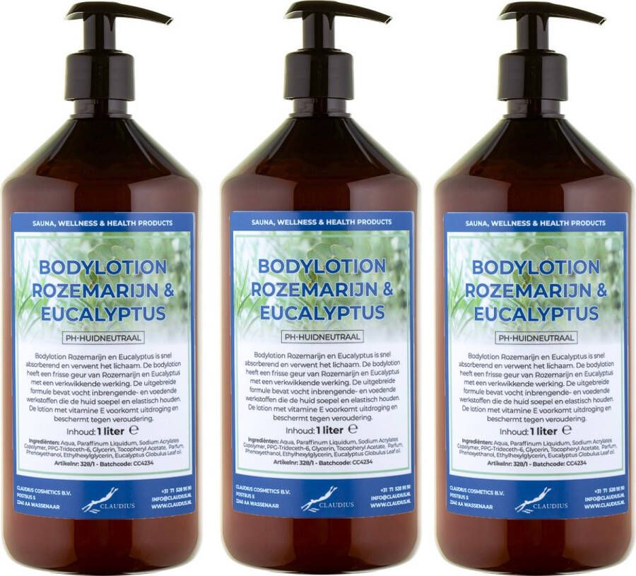 Claudius Cosmetics B.V. Bodylotion Rozemarijn & Eucalyptus 1 liter set van 3 stuks met gratis pomp