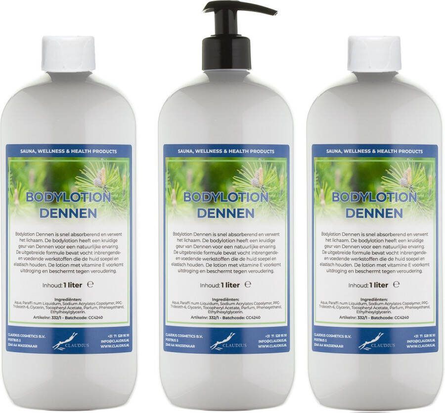 Claudius Cosmetics B.V. Bodylotion Dennen 1 liter set van 3 stuks met gratis pomp