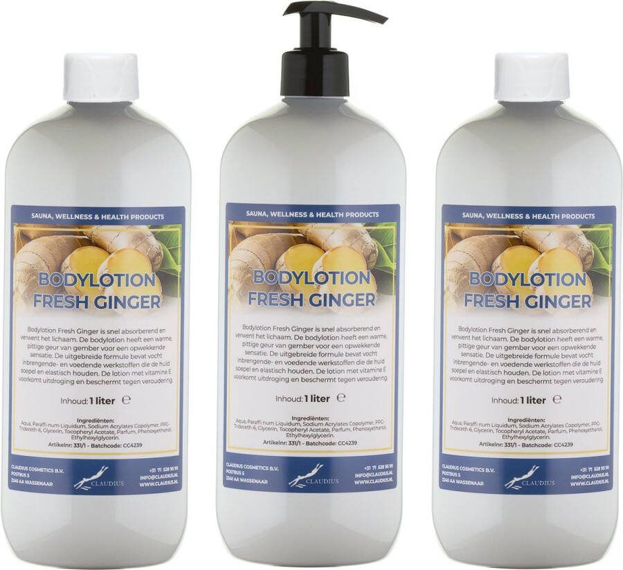 Claudius Cosmetics B.V. Bodylotion Fresh Ginger 1 liter set van 3 stuks met gratis pomp