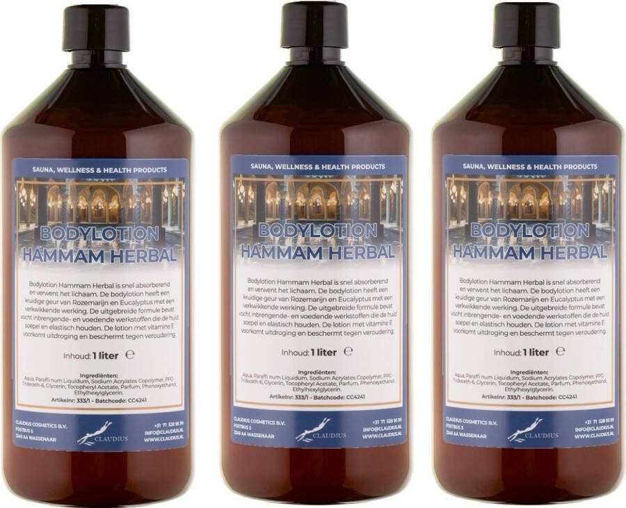 Claudius Cosmetics B.V. Bodylotion Hammam Herbal 1 liter set van 3 stuks