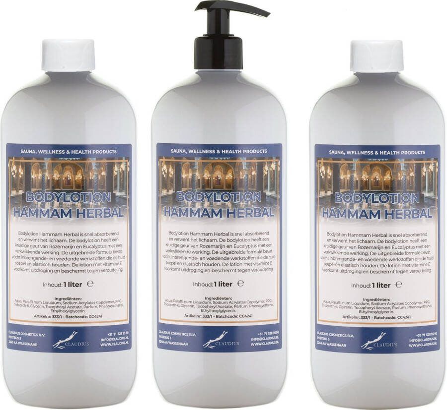 Claudius Cosmetics B.V. Bodylotion Hammam Herbal 1 liter set van 3 stuks met gratis pomp