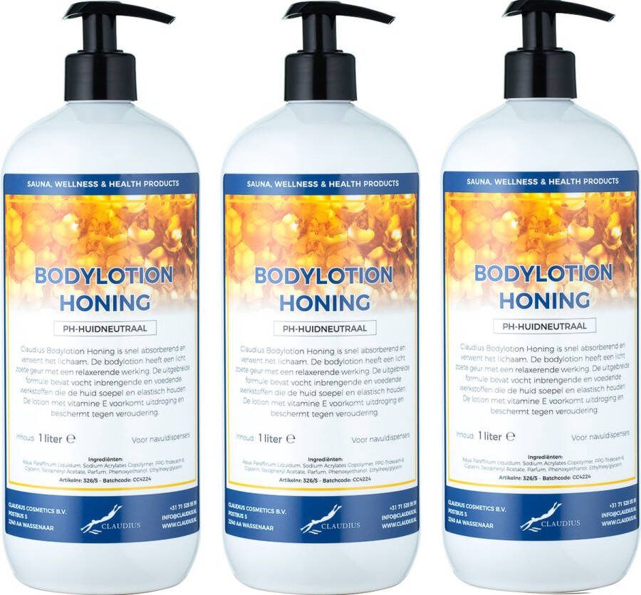 Claudius Cosmetics B.V. Bodylotion Honing 1 liter set van 3 stuks met gratis pomp