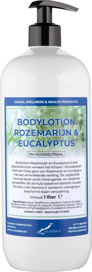 Claudius Cosmetics B.V. Bodylotion Rozemarijn & Eucalyptus 1 liter met gratis pomp