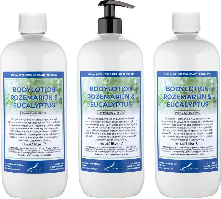 Claudius Cosmetics Benelux Bodylotion Rozemarijn & Eucalyptus 1 Liter set van 3 stuks met gratis pomp