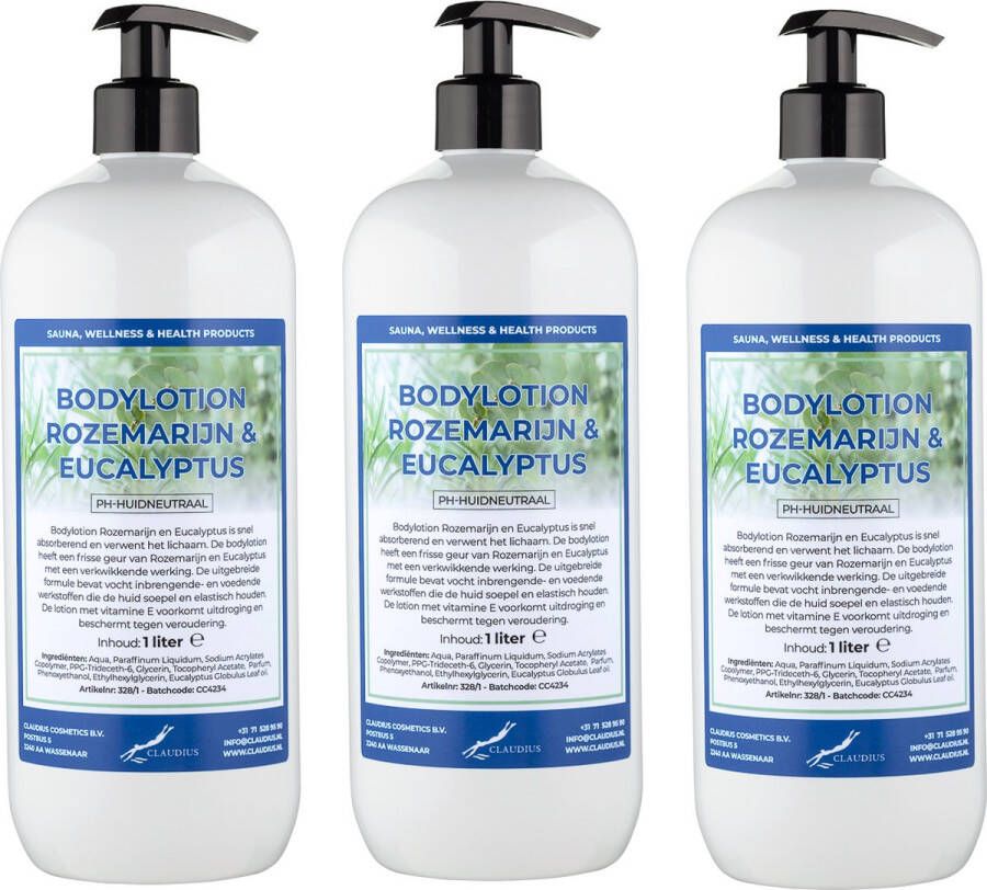 Claudius Cosmetics Benelux Bodylotion Rozemarijn & Eucalyptus 1 Liter set van 3 stuks met gratis pompen