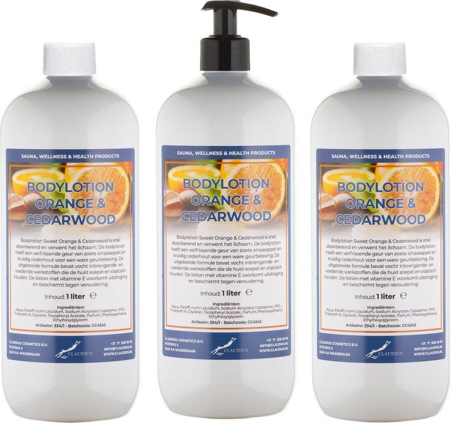 Claudius Cosmetics B.V. Bodylotion Sweet Orange & Cedarwood 1 liter set van 3 stuks met gratis pomp
