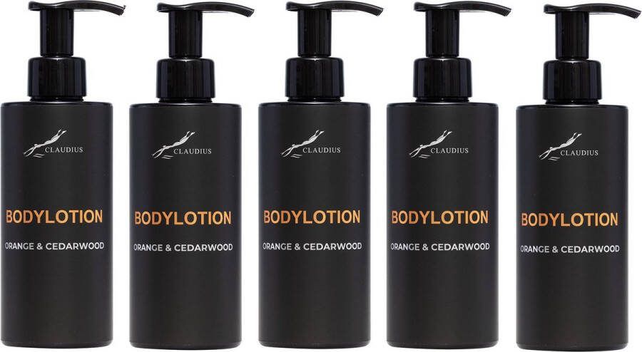 Claudius Cosmetics B.V. Bodylotion Sweet Orange & Cedarwood 300 ml met pomp zwarte fles set van 5 stuks Voordeelverpakking