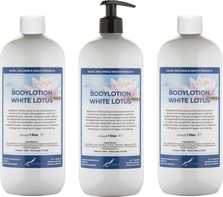 Claudius Cosmetics B.V. Bodylotion White Lotus 1 liter set van 3 stuks met gratis pomp