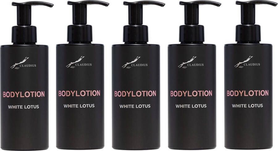 Claudius Cosmetics B.V. Bodylotion White Lotus 300 ml met pomp zwarte fles set van 5 stuks Voordeelverpakking
