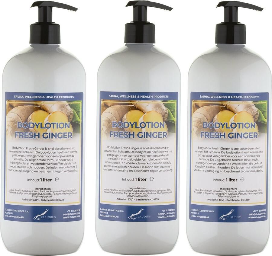 Claudius Cosmetics B.V. Bodylotion Fresh Ginger 1 liter set van 3 stuks met gratis pomp