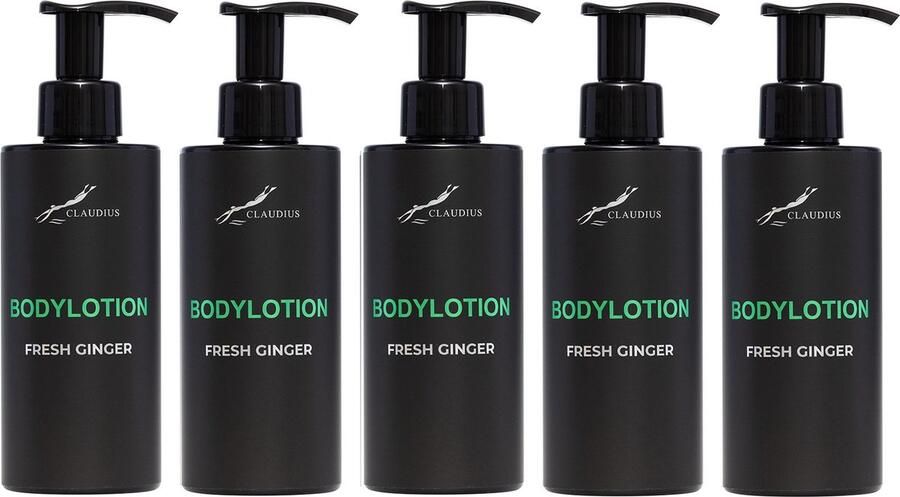 Claudius Cosmetics B.V. Bodylotion Fresh Ginger 300 ml met pomp zwarte fles set van 5 stuks Voordeelverpakking
