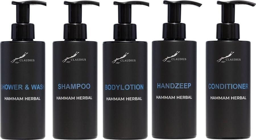 Claudius Cosmetics B.V. Compleet pakket Hammam Herbal Shower & Wash + Shampoo + Bodylotion + Handzeep + Conditioner 300 ml per fles complete set van 5 stuks bodycare luxe fles