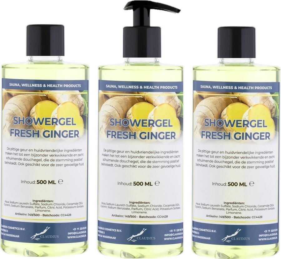 Claudius Cosmetics B.V. Douchegel Fresh Ginger 500 ml set van 3 stuks met gratis pomp Showergel