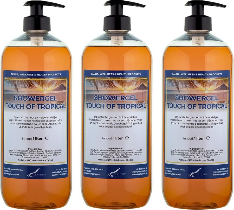 Claudius Cosmetics B.V. Douchegel Touch of Tropical 1 liter set van 3 stuks met gratis pomp Showergel