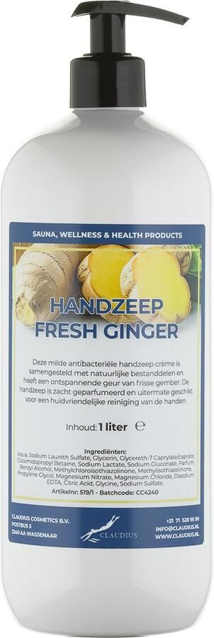 Claudius Cosmetics B.V. Handzeep Fresh Ginger 1 liter met gratis pomp