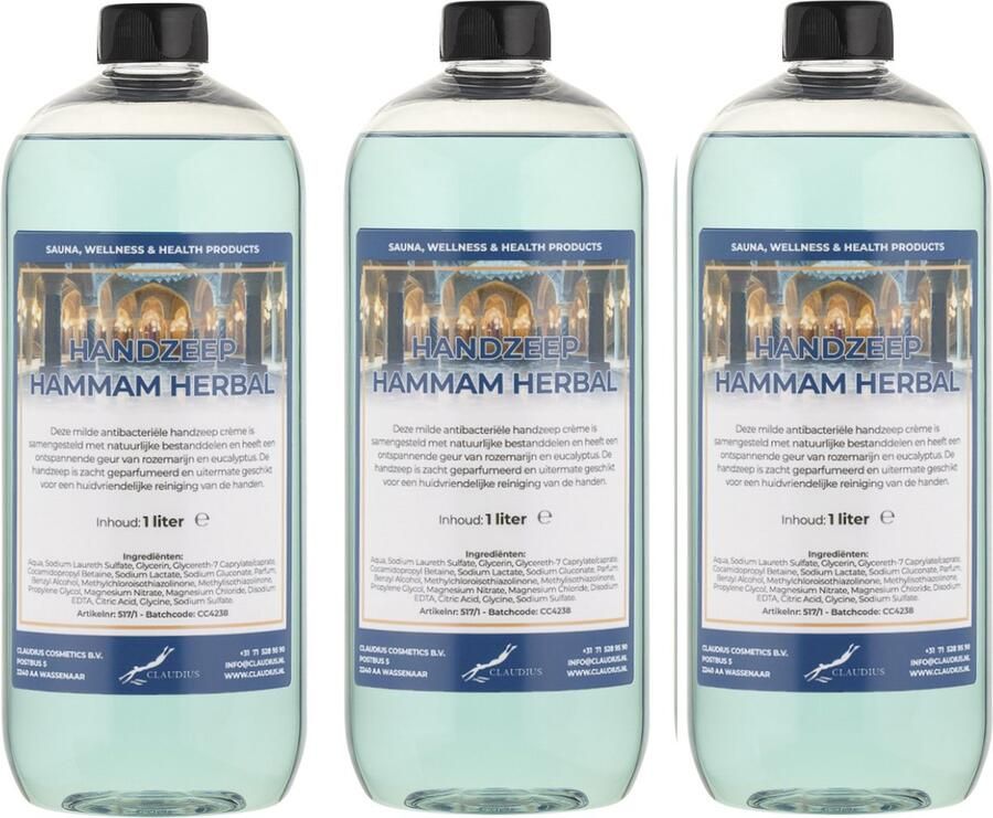 Claudius Cosmetics B.V. Handzeep Hammam Herbal 1 liter set van 3 stuks