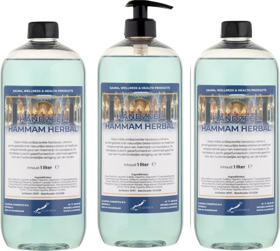 Claudius Cosmetics B.V. Handzeep Hammam Herbal 1 liter set van 3 stuks met gratis pomp