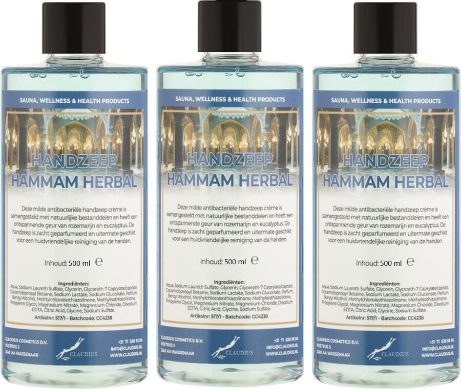 Claudius Cosmetics B.V. Handzeep Hammam Herbal 500 ml set van 3 stuks
