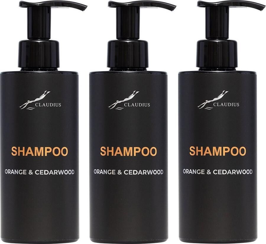 Claudius Cosmetics B.V. Shampoo Sweet Orange & Cedarwood 300 ml met pomp zwarte fles set van 3 stuks Voordeelverpakking