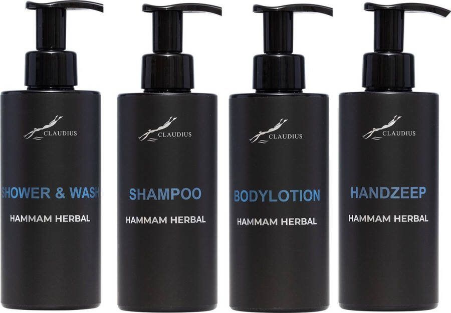 Claudius Cosmetics B.V. Compleet pakket Hammam Herbal Shower & Wash + Shampoo + Bodylotion + Handzeep 300 ml per fles complete set van 4 stuks bodycare luxe fles