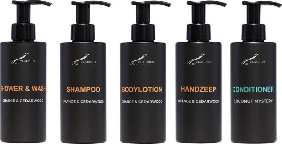 Claudius Cosmetics B.V. Compleet pakket Sweet Orange & Cedarwood Shower & Wash + Shampoo + Bodylotion + Handzeep + Coconut Conditioner- 300 ml per fles complete set van 5 stuks bodycare luxe fles
