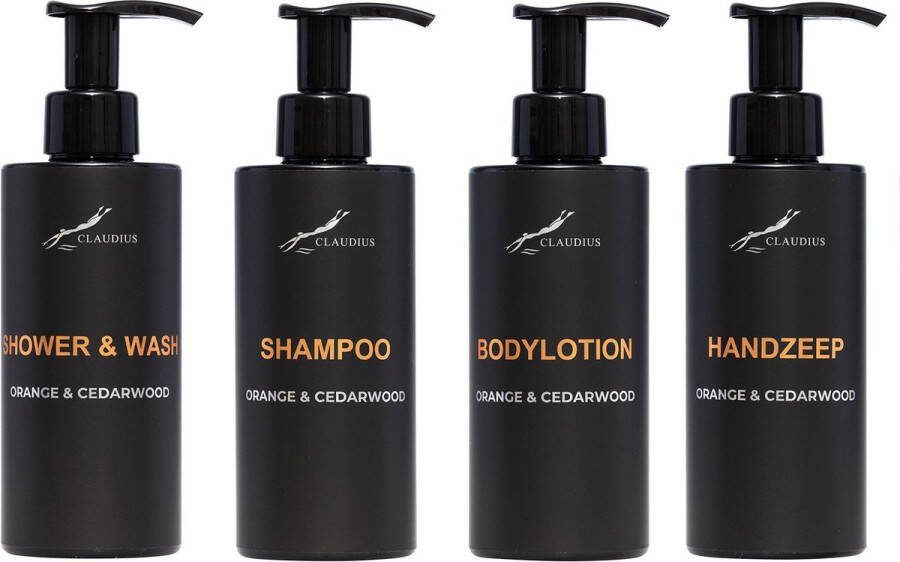 Claudius Cosmetics B.V. Compleet pakket Sweet Orange & Cedarwood Shower & Wash + Shampoo + Bodylotion + Handzeep 300 ml per fles complete set van 4 stuks bodycare luxe fles
