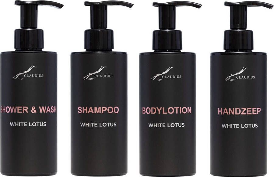 Claudius Cosmetics B.V. Compleet pakket White Lotus Shower & Wash + Shampoo + Bodylotion + Handzeep 300 ml per fles complete set van 4 stuks bodycare luxe fles