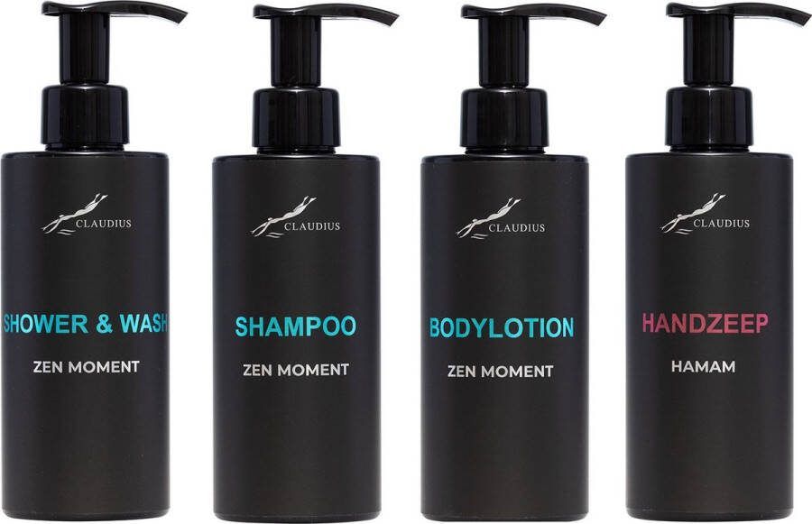 Claudius Cosmetics B.V. Compleet pakket Zen Moment Shower & Wash + Shampoo + Bodylotion + Hamam Handzeep 300 ml per fles complete set van 4 stuks bodycare luxe fles