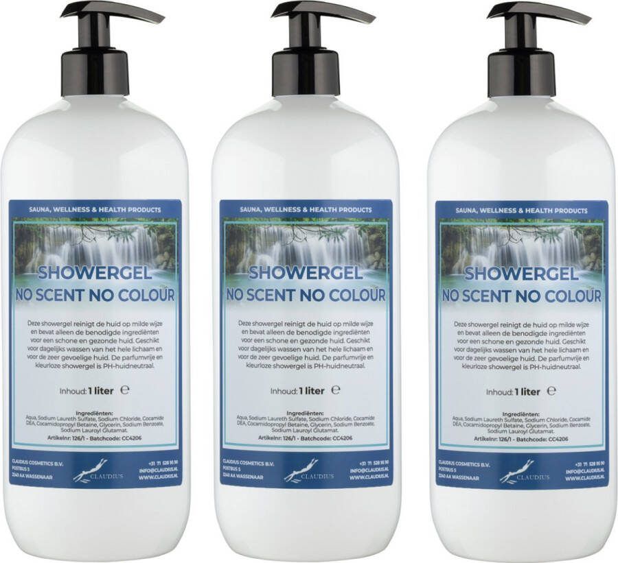 Claudius Cosmetics B.V. Douchegel No Scent No Colour 1 liter set van 3 stuks met 3 gratis pomp Showergel