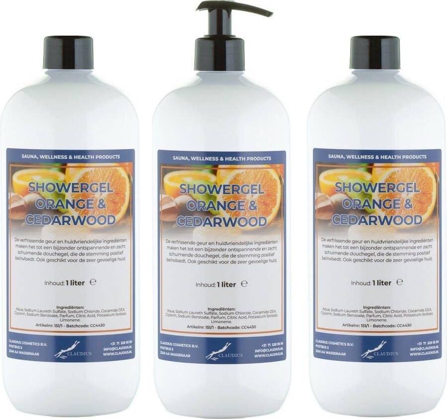 Claudius Cosmetics B.V. Douchegel Sweet Orange & Cedarwood 1 liter set van 3 stuks met gratis pomp showergel