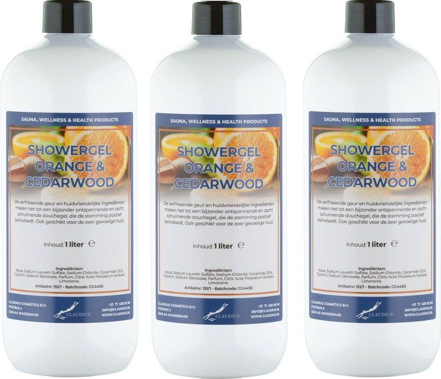 Claudius Cosmetics B.V. Douchegel Sweet Orange & Cedarwood 1 liter set van 3 stuks showergel