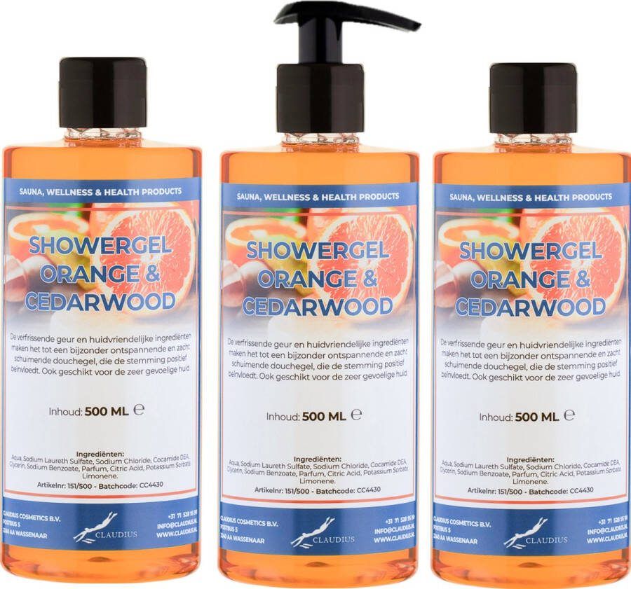 Claudius Cosmetics B.V. Douchegel Sweet Orange & Cedarwood 500 ml set van 3 stuks met gratis pomp Showergel