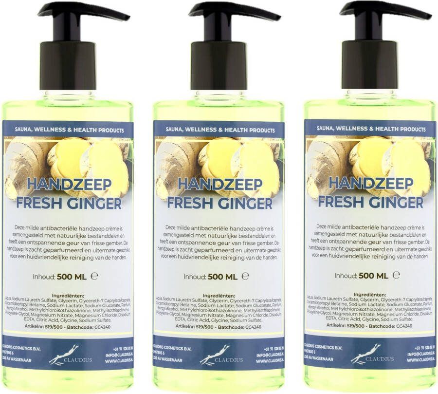 Claudius Cosmetics B.V. Handzeep Fresh Ginger 500 ml met gratis pomp set van 3 stuks