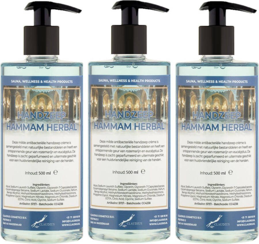 Claudius Cosmetics B.V. Handzeep Hammam Herbal 500 ml met gratis pomp set van 3 stuks