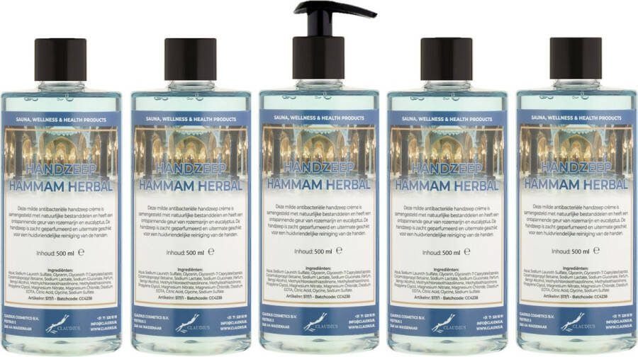 Claudius Cosmetics B.V. Handzeep Hammam Herbal 500 ml met gratis pomp set van 5 stuks