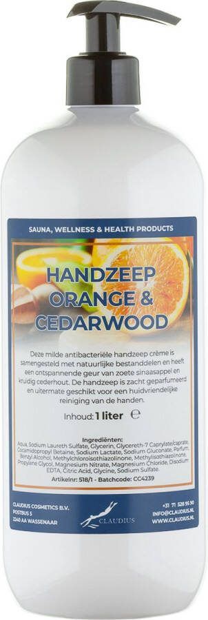 Claudius Cosmetics B.V. Handzeep Sweet Orange & Cedarwood 1 liter met gratis pomp