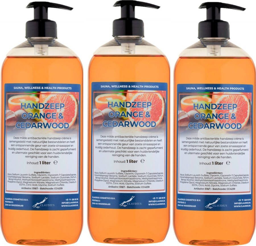 Claudius Cosmetics B.V. Handzeep Sweet Orange & Cedarwood 1 liter set van 3 stuks met gratis pomp
