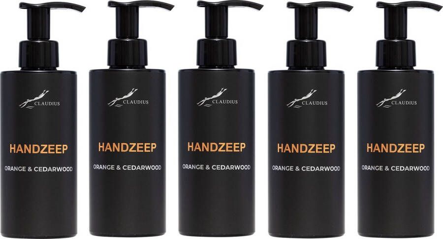 Claudius Cosmetics B.V. Handzeep Sweet Orange & Cedarwood 300 ml met pomp zwarte fles set van 5 stuks Voordeelverpakking