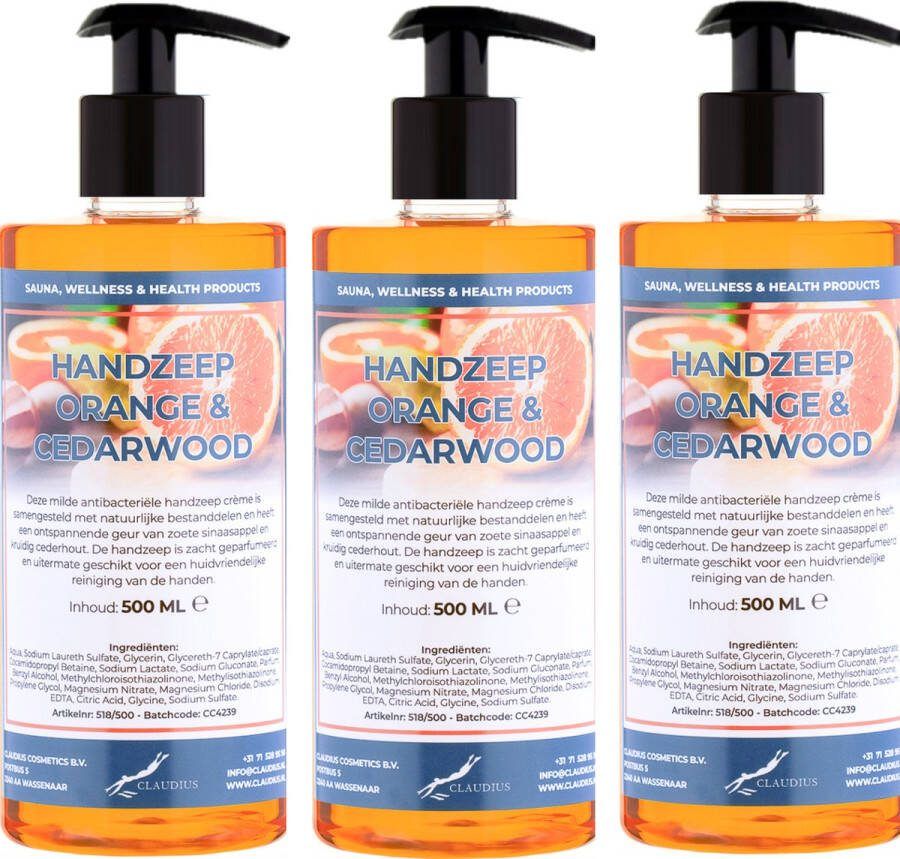 Claudius Cosmetics B.V. Handzeep Sweet Orange & Cedarwood 500 ml met gratis pomp set van 3 stuks